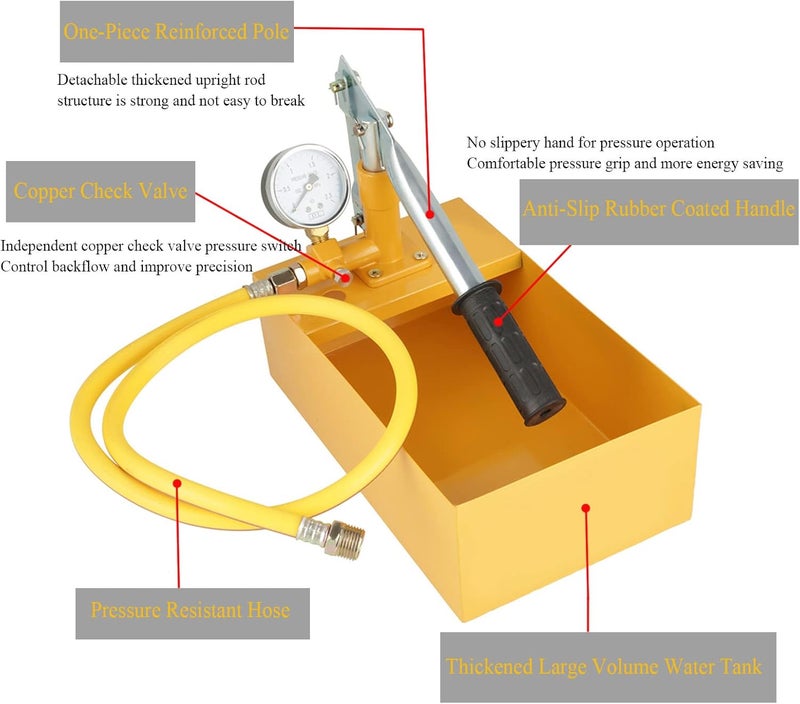 Vipxyc مضخة اختبار الضغط الهيدروليكية، 2.5Mpa 25KG مضخة اختبار ضغط المياه الهيدروليكية اليدوية، أداة اختبار الأنابيب لمجموعة متنوعة من أوعية الضغط، الأنابيب، الصمامات وغيرها من اختبارات الضغط، 13 مل / مرة - Image 3
